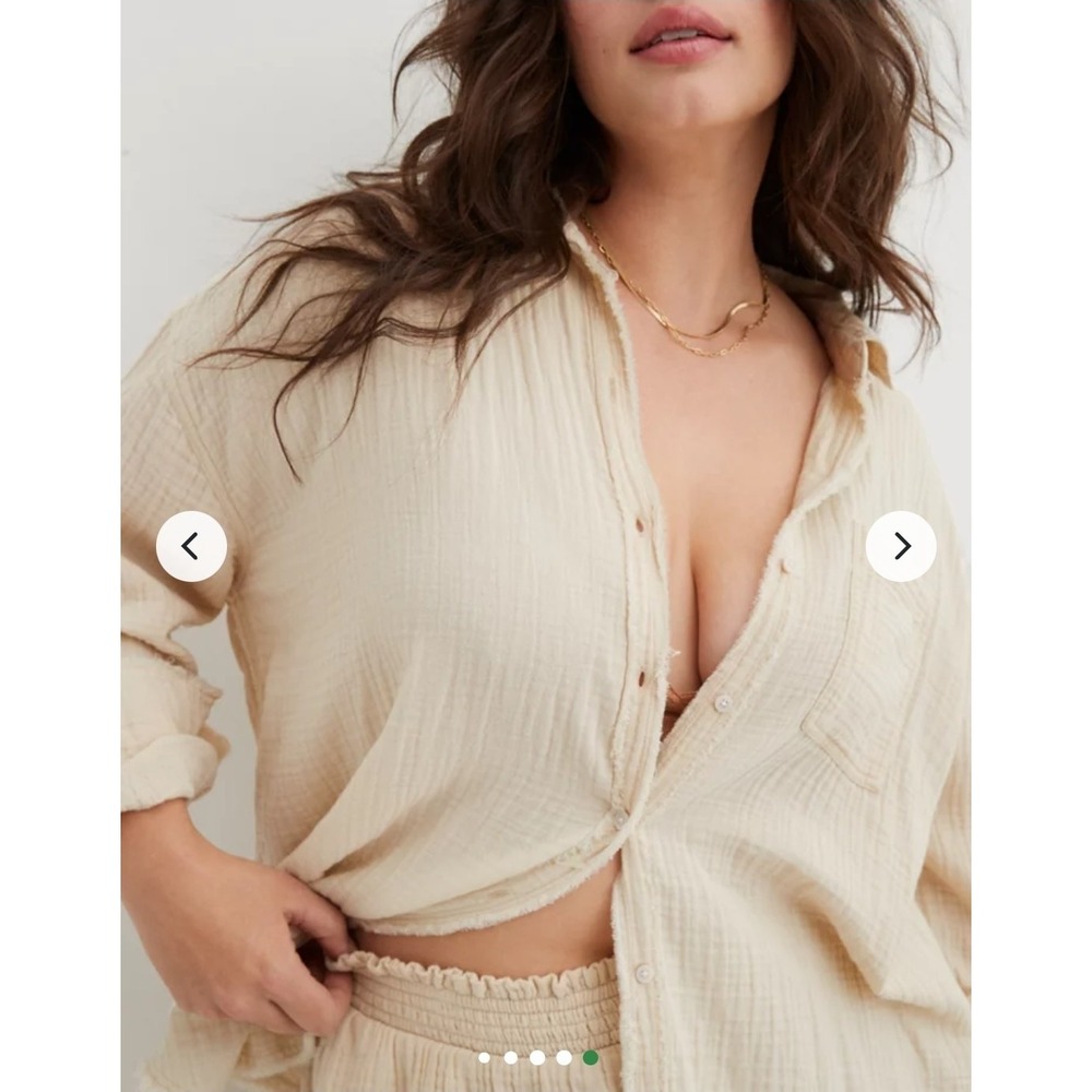 Aerie Soft Oat Gauzy Muslin Cover Up Shirt 2XL Oversized Cotton Button READ Tan